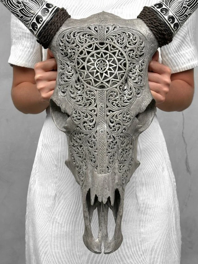 NO RESERVE PRICE - Grey Carved Cow Skull with Bohemian...
