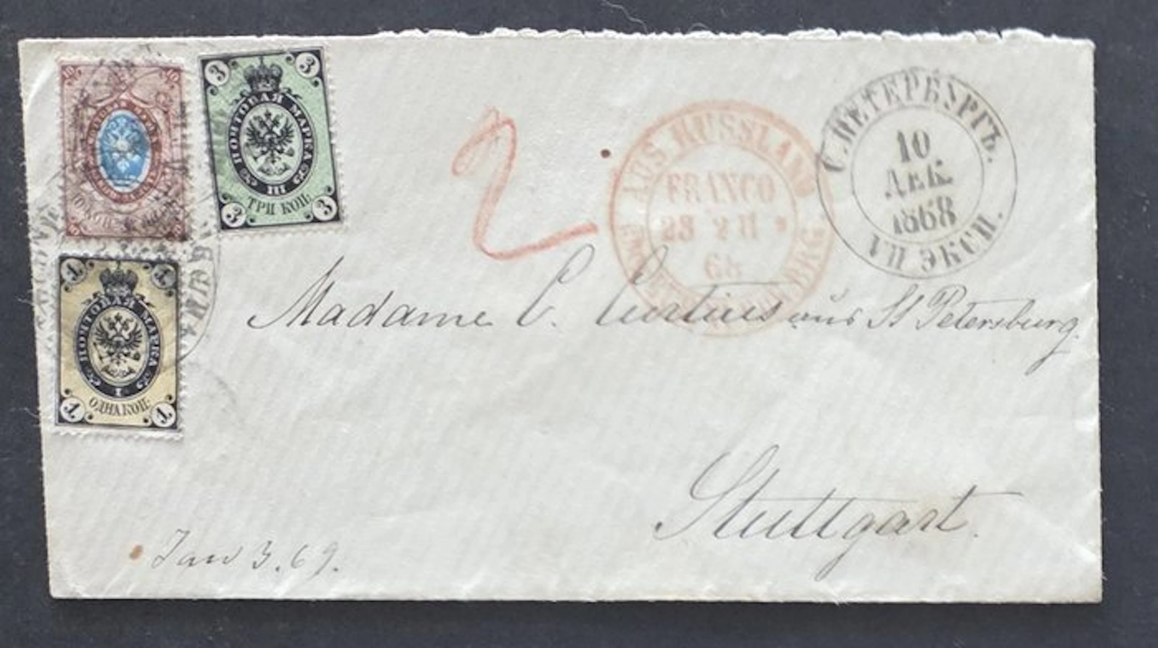 Russian Federation - d166) 1868 Russia tricolor on cover to Germany—Stuttgart