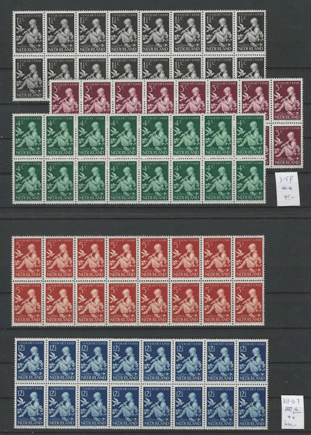 Netherlands 1938 - Kinderzegels 1938 in mint blocks of 16. - NVPH 313-317