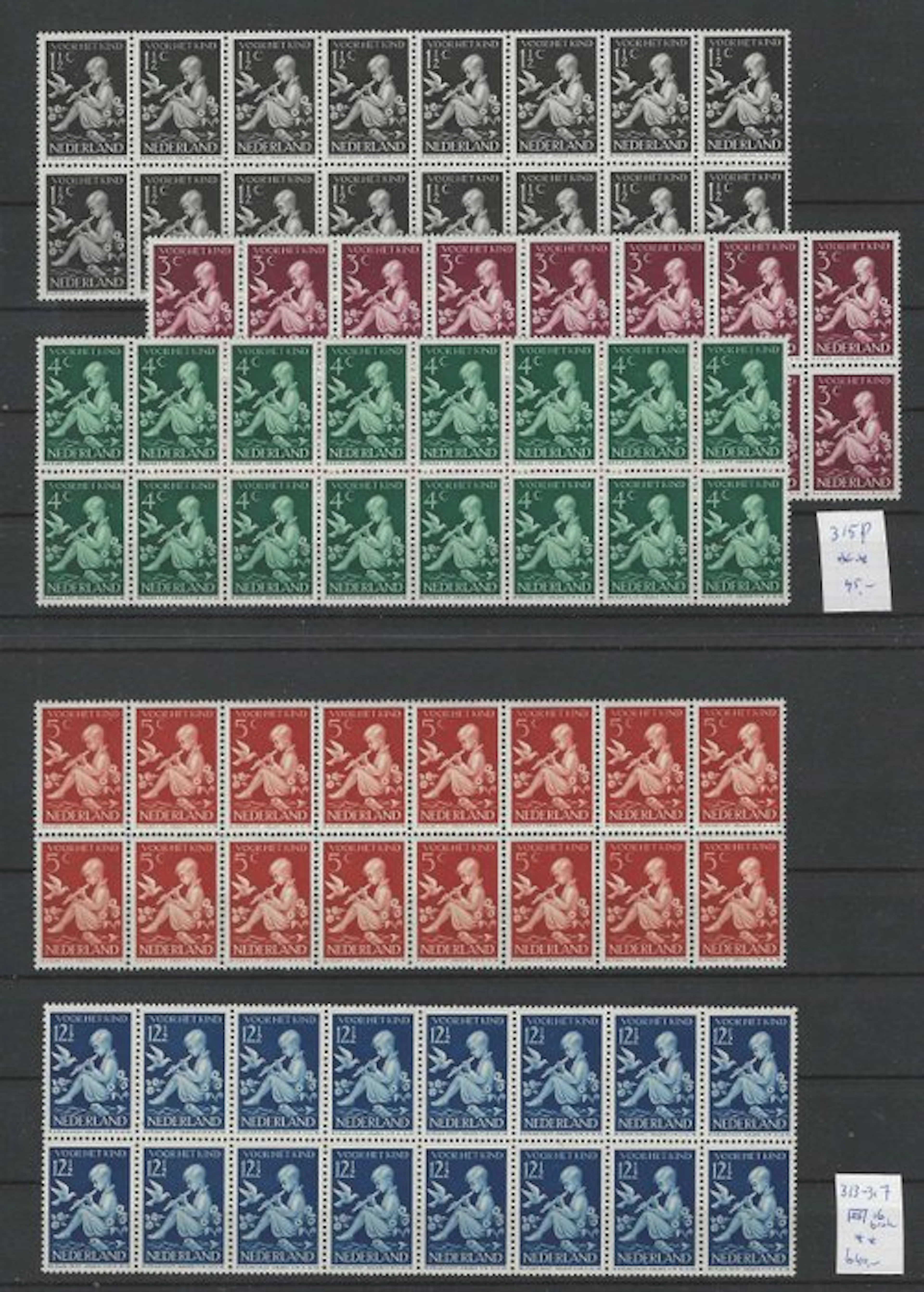 Netherlands 1938 - Kinderzegels 1938 in mint blocks of 16. - NVPH 313-317