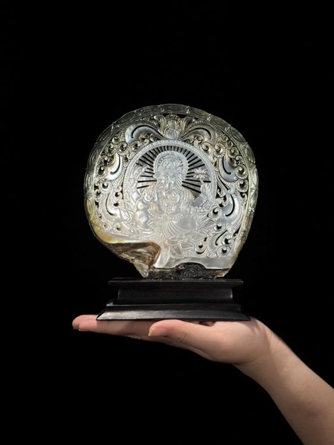 Mother of Pearl Shell on a custom stand - Ganesha Carving...