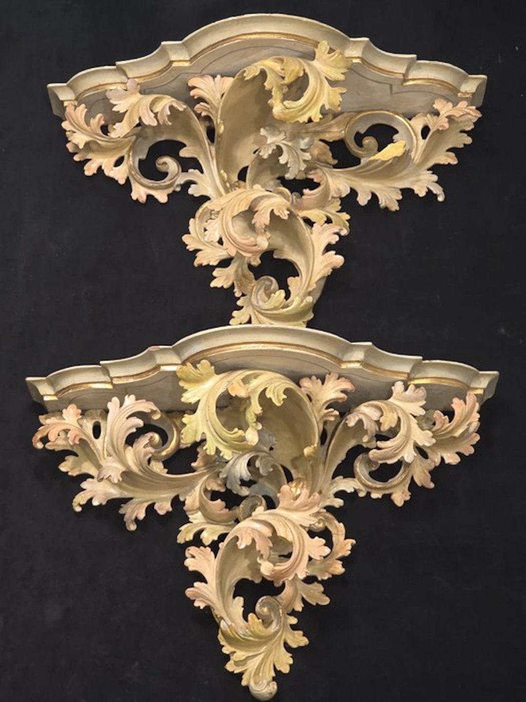 Wall shelf unit (2) - Wood, Polychrome painted - Antique Venetian shelves.