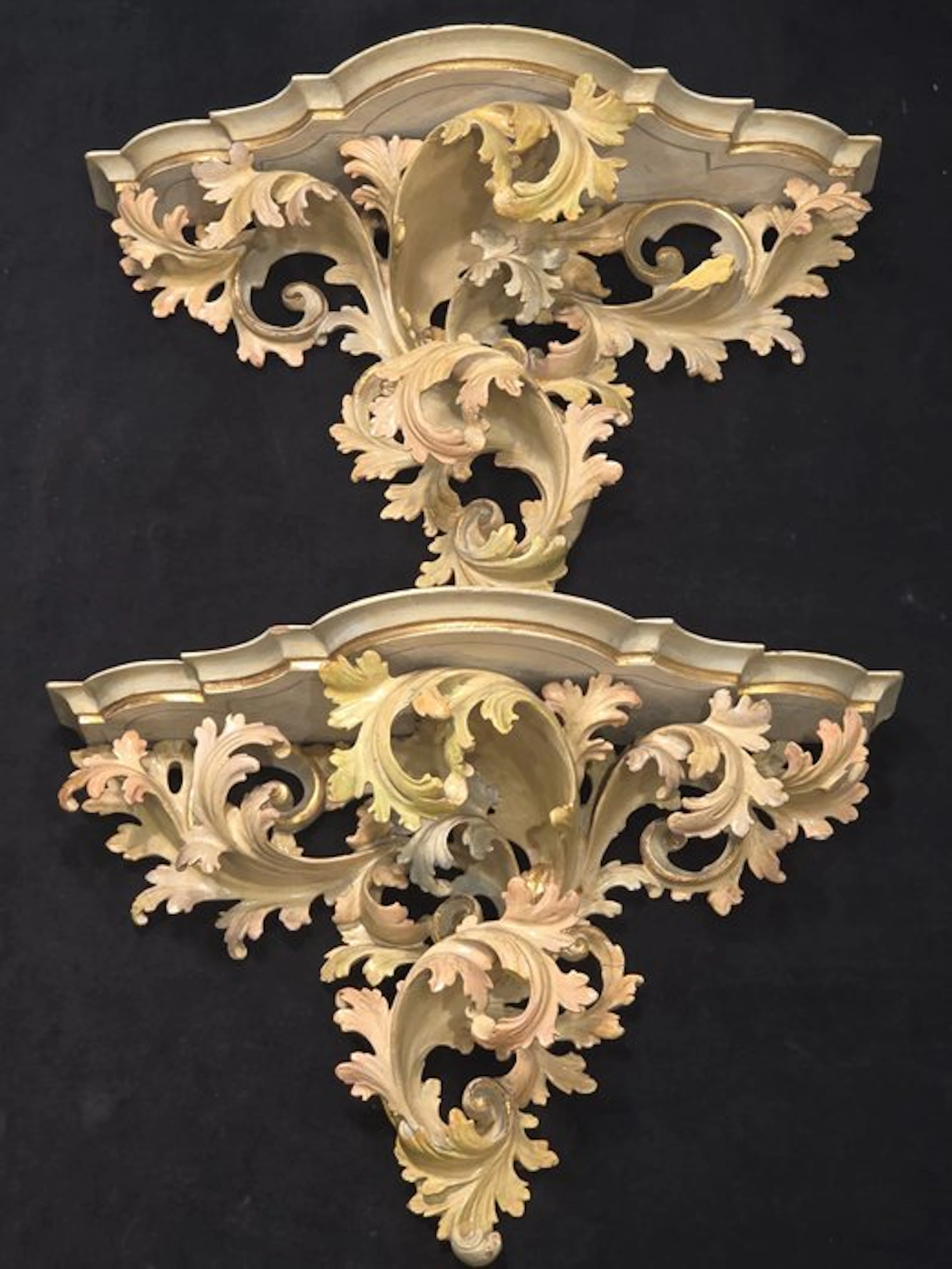 Wall shelf unit (2) - Wood, Polychrome painted - Antique Venetian shelves.