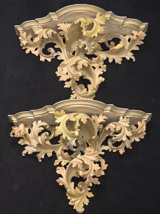Wall shelf unit (2) - Wood, Polychrome painted - Antique Venetian shelves.