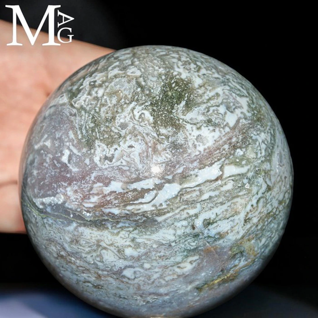 Moss Agate Sphere with Natural Druzy Cavities Dendritic...