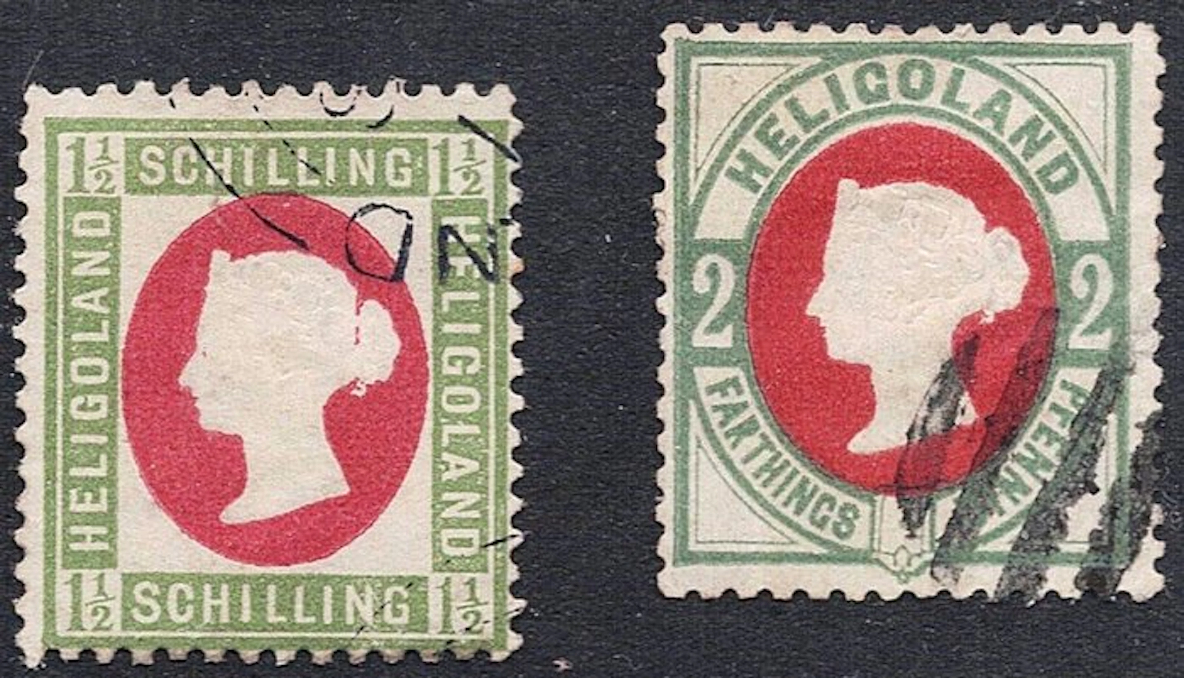 Heligoland 1869/1875 - 1 1/2 S & 2/2 Pf Green & Carmine VICTORIA -