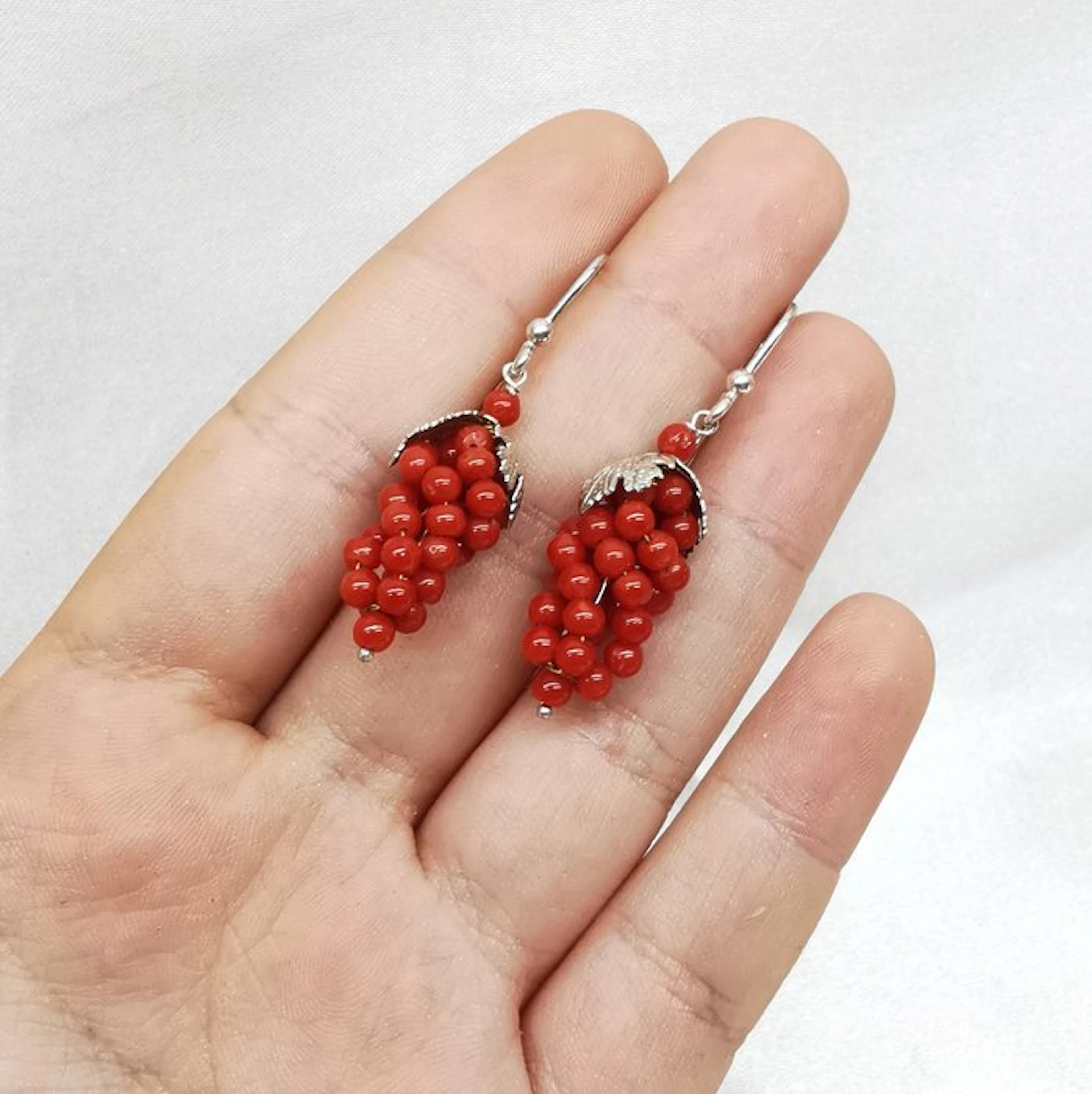 Coral - Sterling Silver 925 - Earrings - Grape clusters in coral