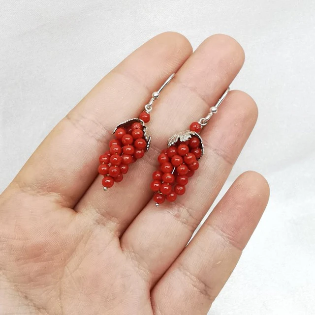 Coral - Sterling Silver 925 - Earrings - Grape clusters in coral