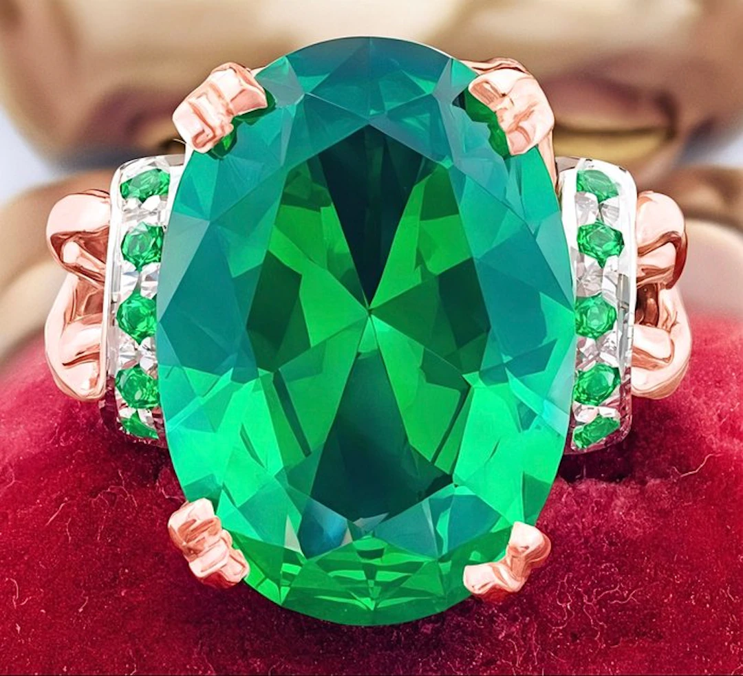 No reserve price - Ring - 9 kt. Rose gold, Silver Emerald - Emerald