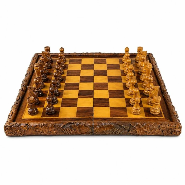 Vintage 1980s 3-in-1 Hand-Carved Wood Presentation Game Set (50x50 cm) - Chess