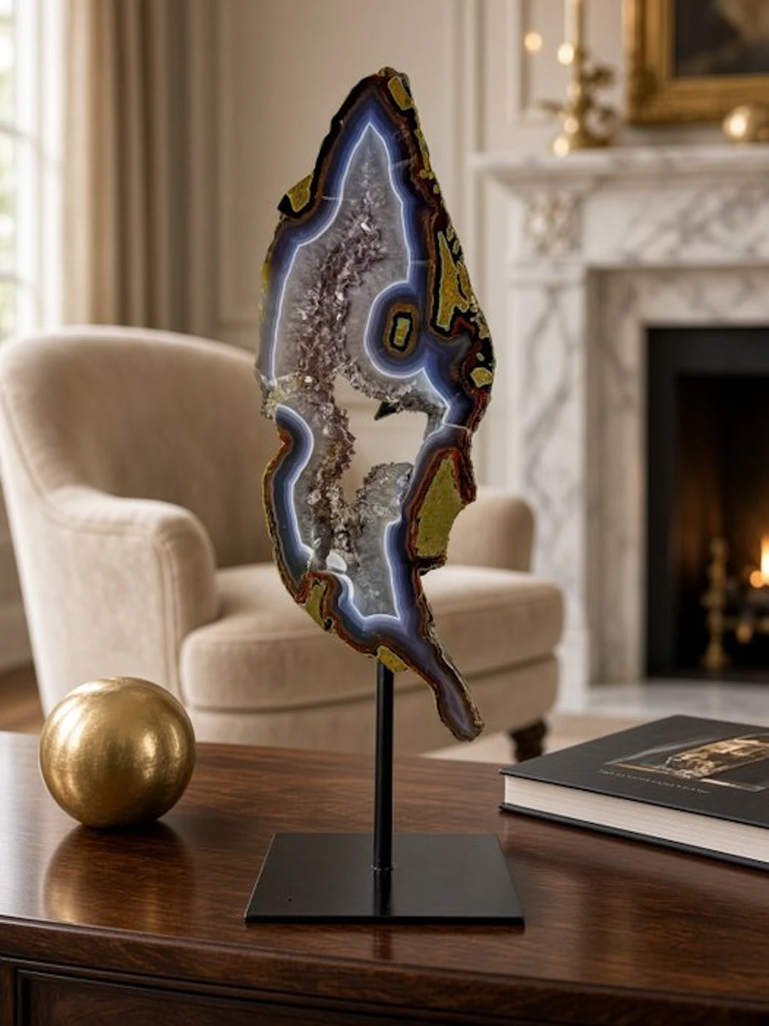 Rare colored - natural agate with crystal geode on stand...