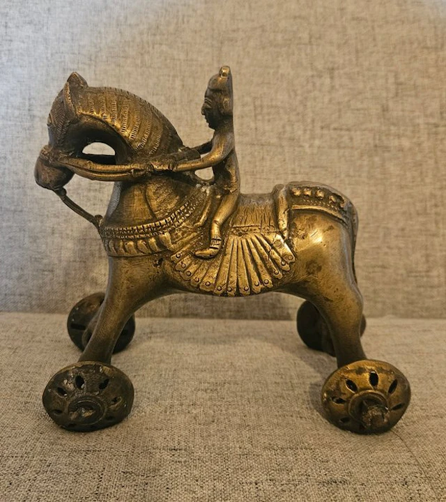 Old Indian Temple Horse (Temple Toy) with Rider - Bronze
