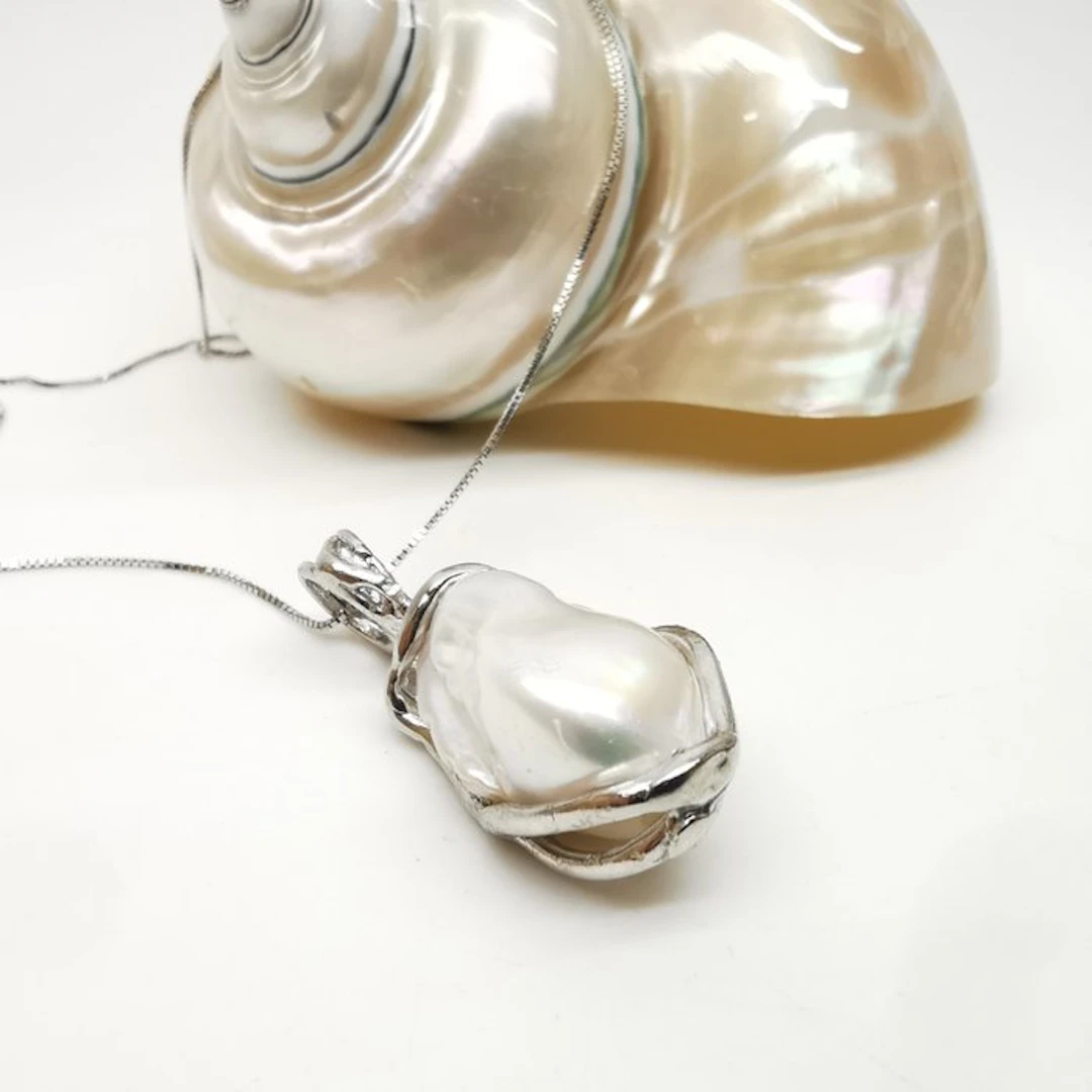 Pearl - Sterling Silver 925 - Necklace with pendant - lost-wax casting
