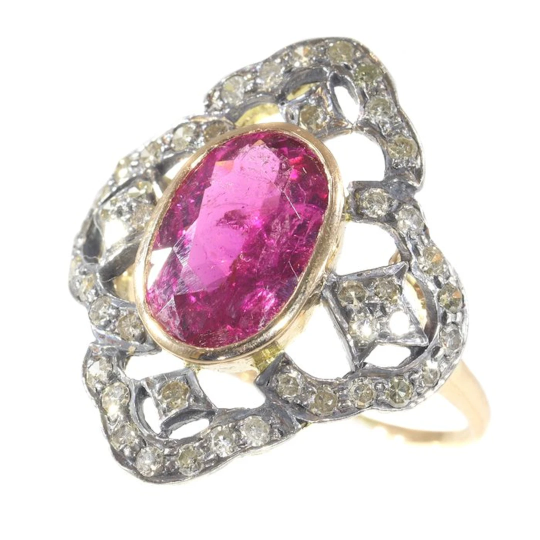 Ring - 18 kt. Rose gold - 2.71ct. tw. Ruby - Diamond - Vintage 1930