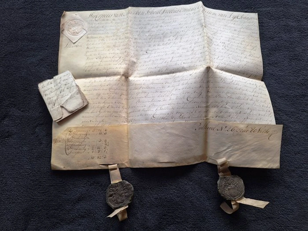 Schout en schepenen Weesp - Manuscript met 2 waszegels