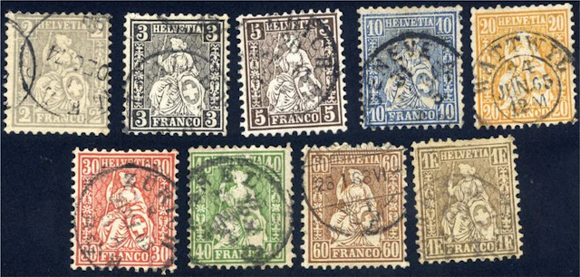 Switzerland 1862/1863 - Seated Helvetia – Complete Used Set of 9 – 60 Rp