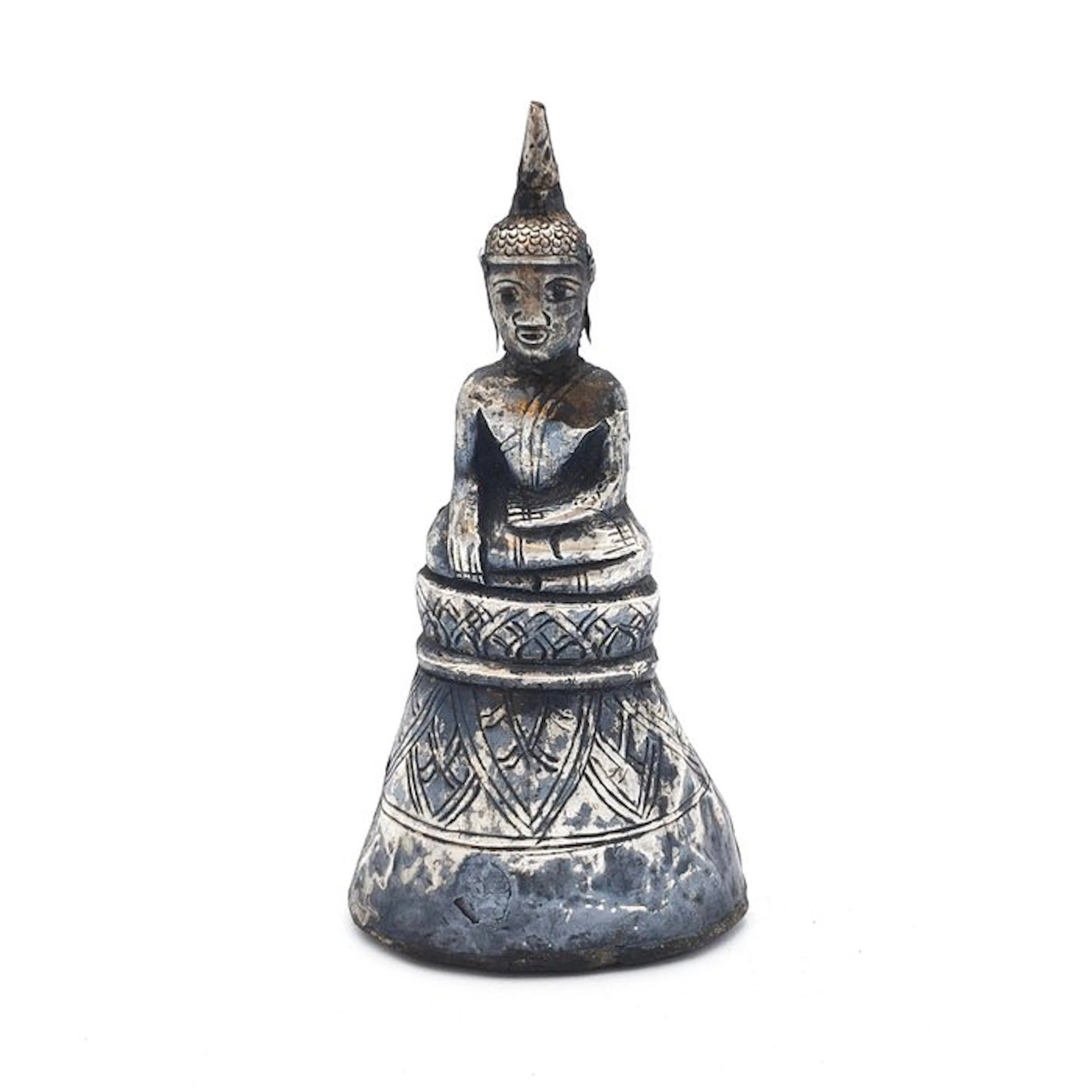 Ancient Laotian Silver Sitting Buddha on Throne Alter Idol Talisman - 135 mm