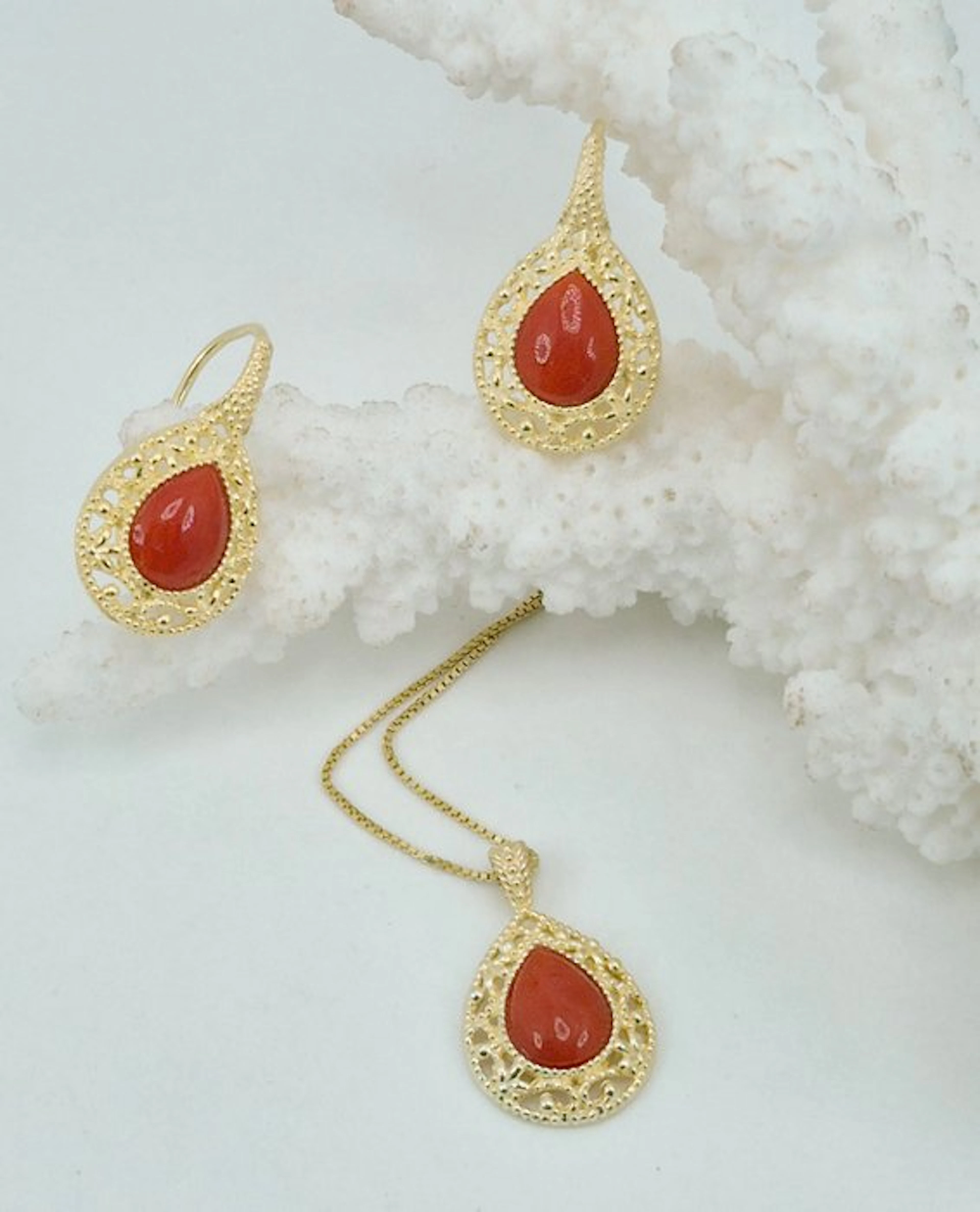 Coral - Silver, Gold-plated - 2 piece jewellery set - CORALLO MEDITERRANEO