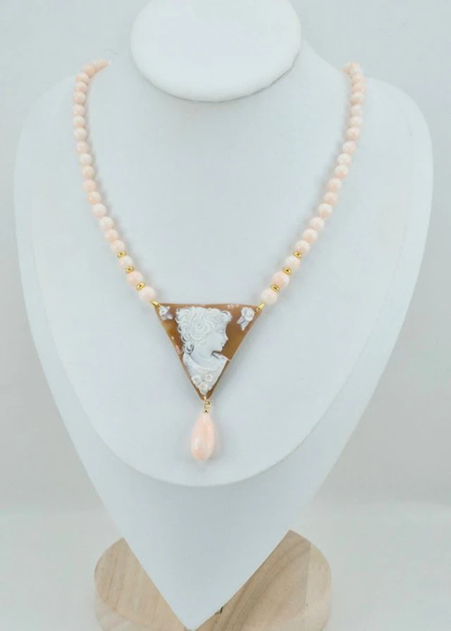 Silver, Gold-plated Necklace - Pink Coral and Cameo