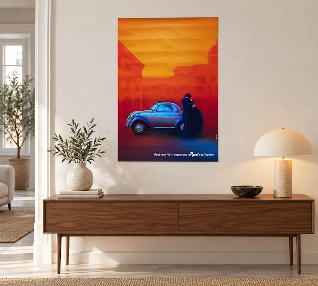Perugina - Originale manifesto pubblicitario Baci e Fiat Topolino - 1980s