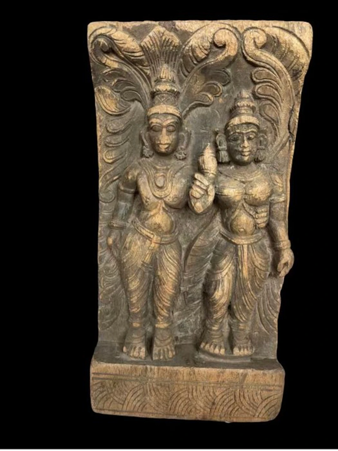 Panel - South India - Carved wood - Shiva and Parvati...