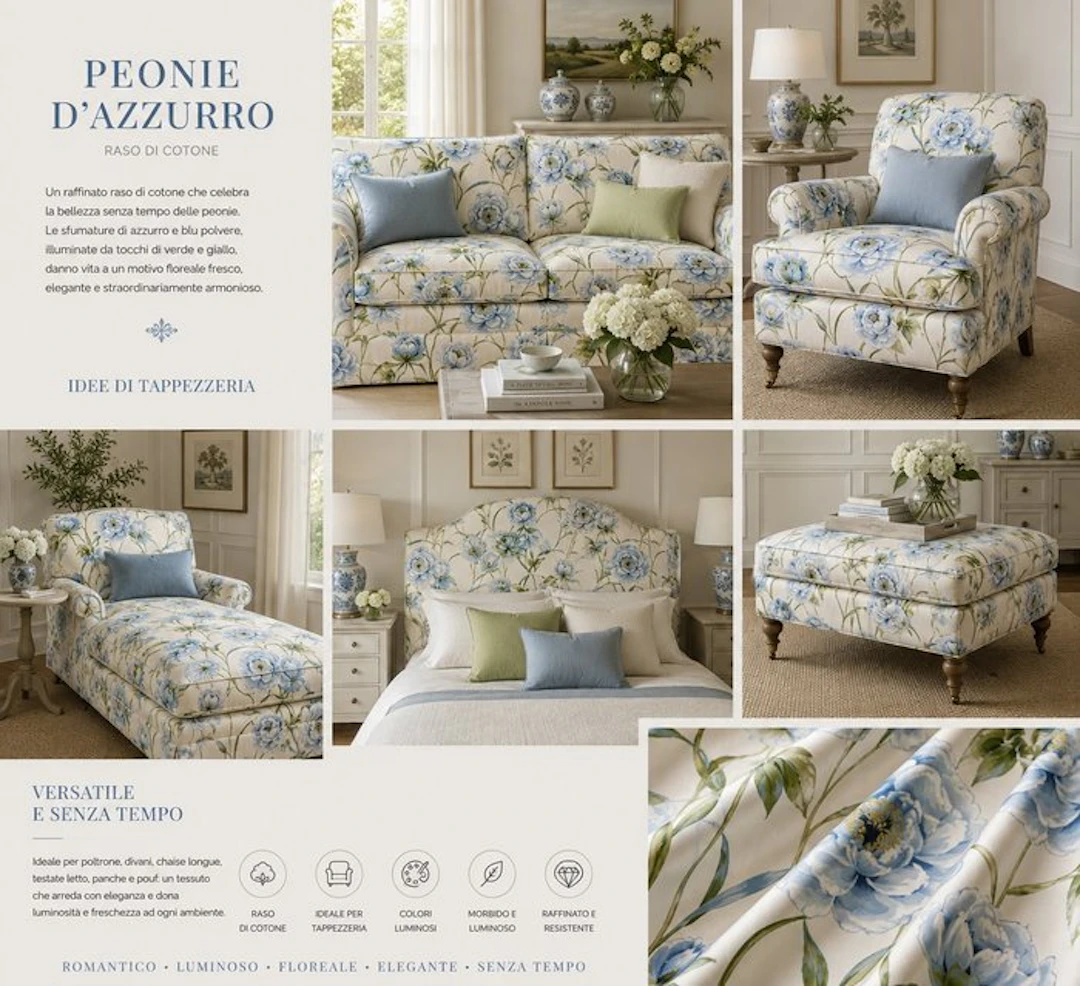 Azure Peonies - cotton satin - Textile - 280 cm - 260 m