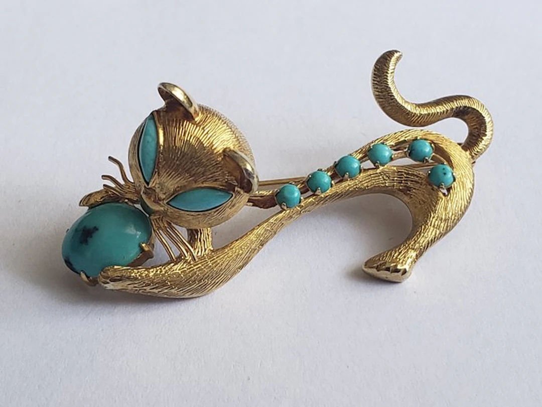 Brooch - 14 kt. Yellow gold Turquoise - Turquoise - Gold cat brooch
