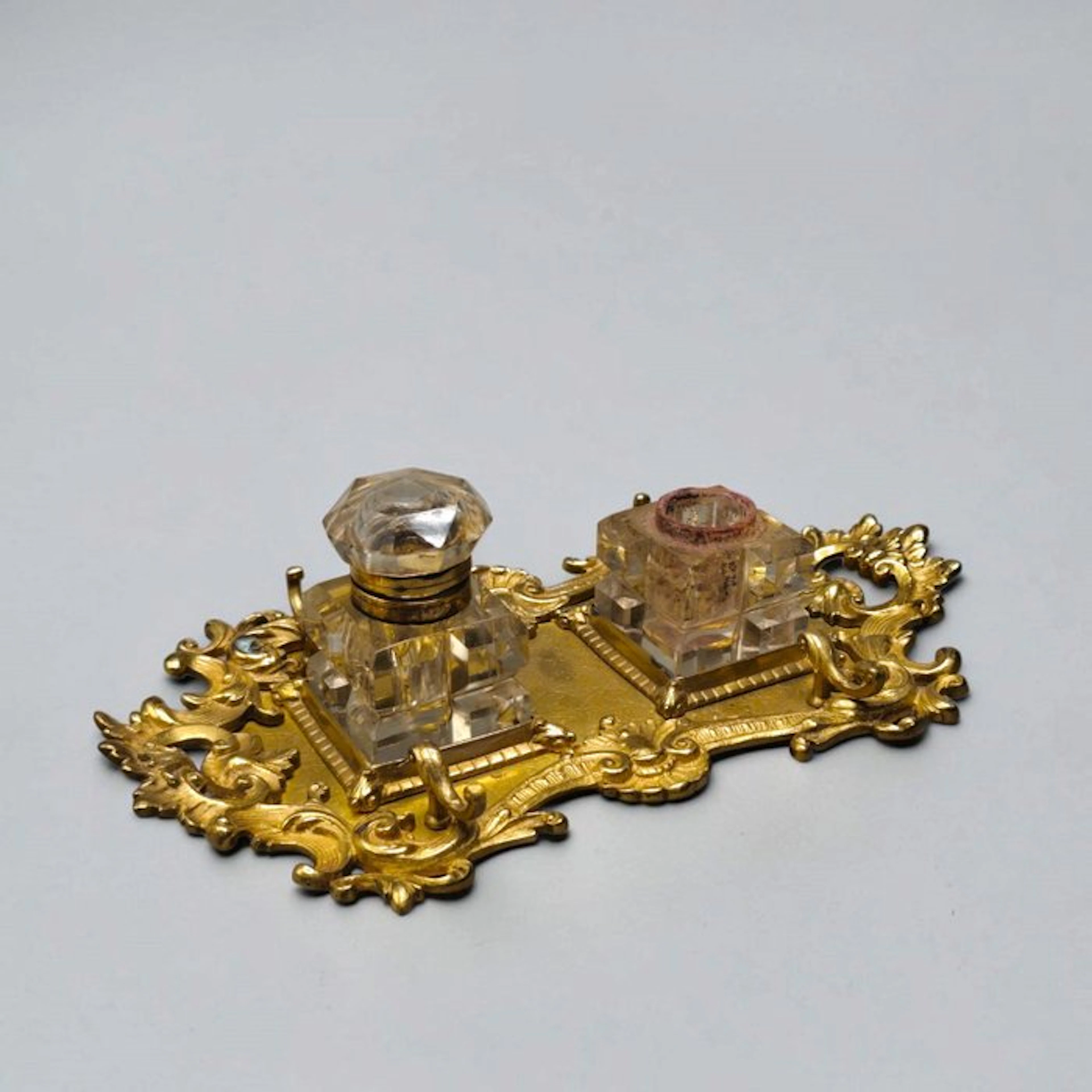 French Antique - Inkwell - Brass, Crystal