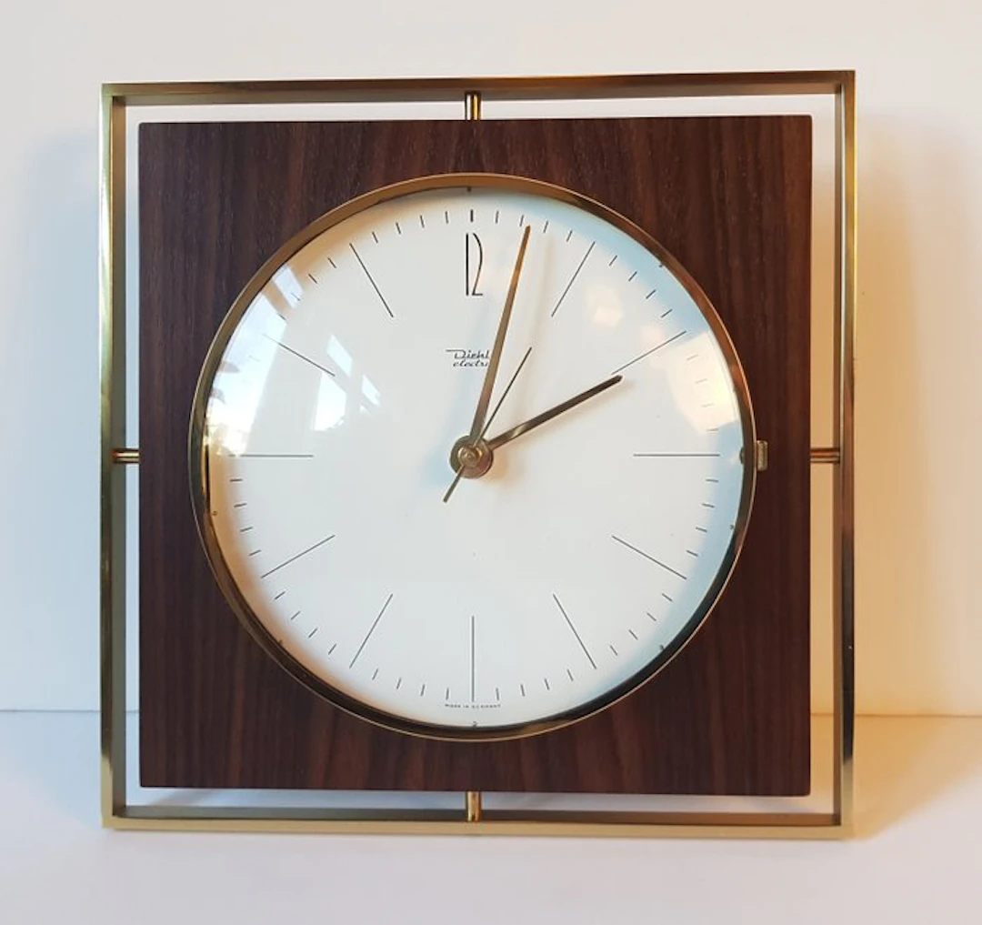 Wall clock - Contemporary Wood, Glass, Brass - 1960-1970 - New Old Stock