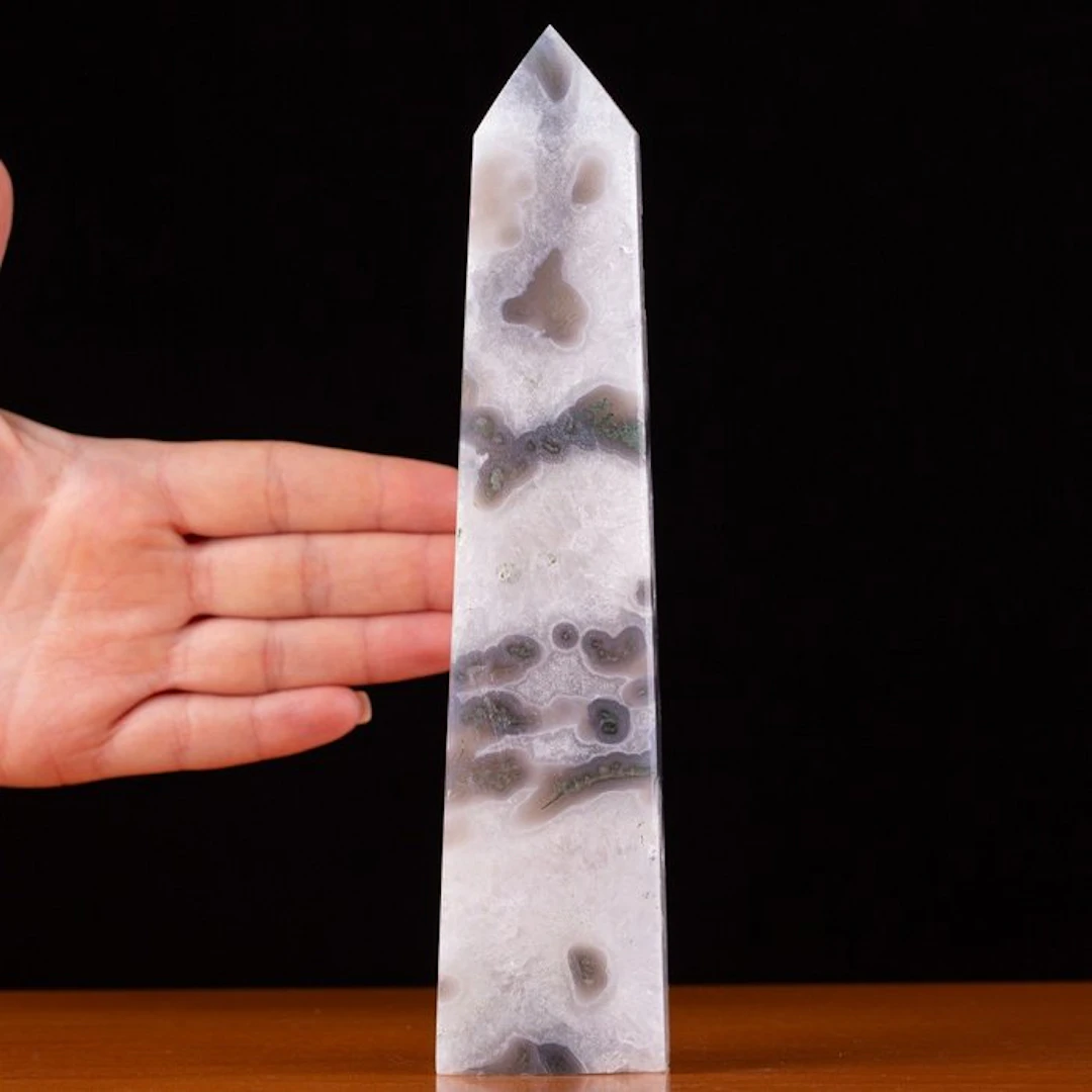 Natural Moss Agate Obelisk - Chlorite Inclusions and...