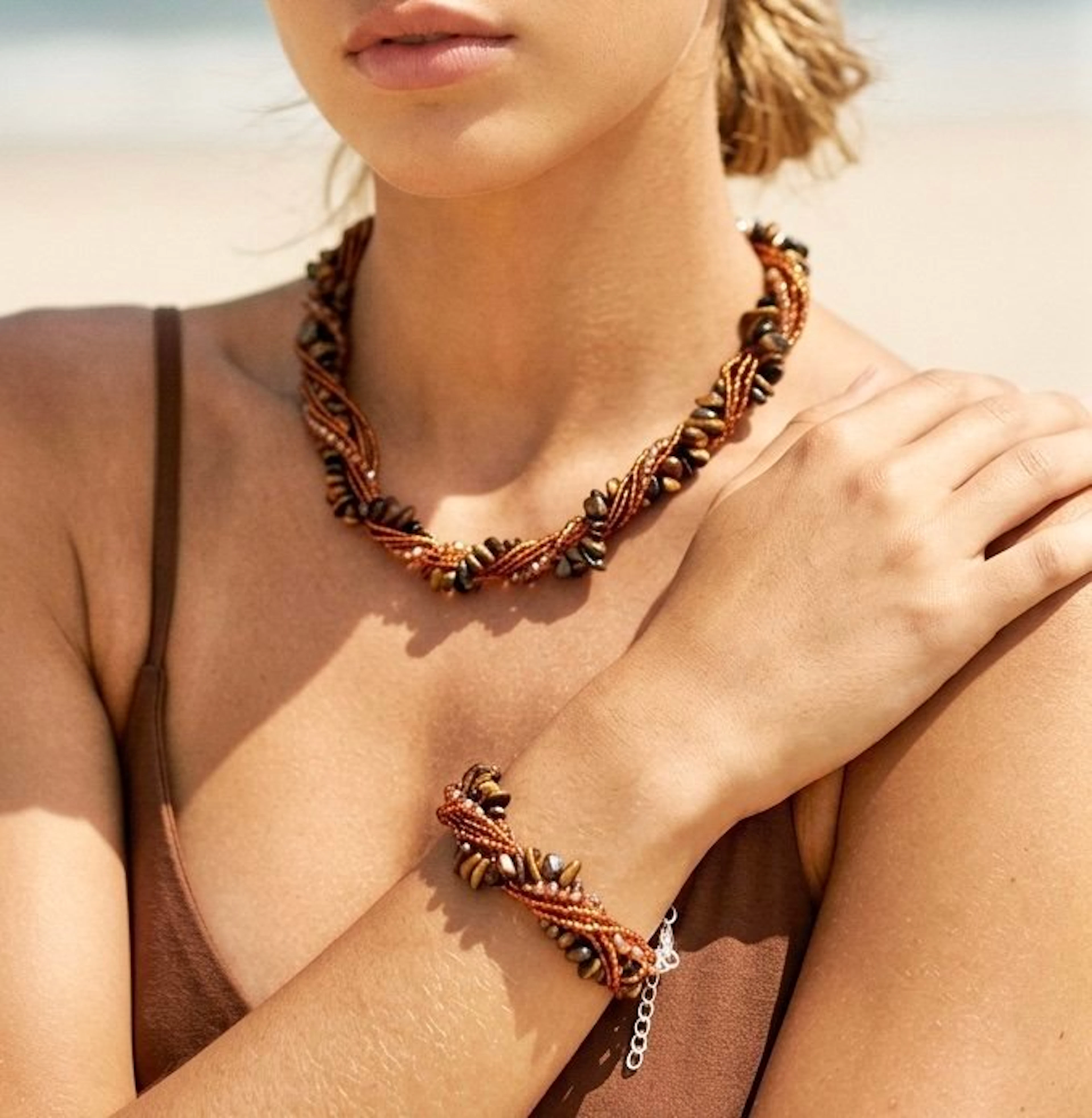 Six-row necklace & bracelet with tiger's eye & crystals - 2 piece jewellery set