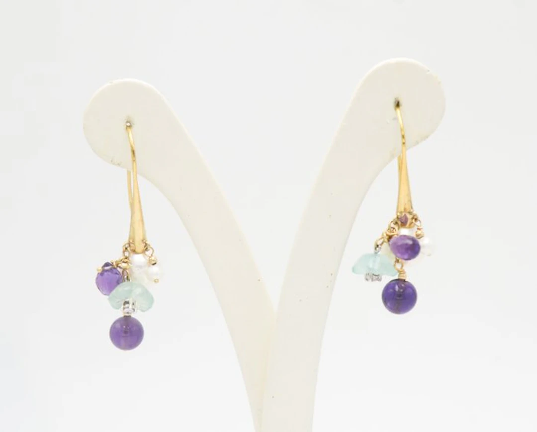 Earrings - 18 kt. Yellow gold Pearl - Amethyst