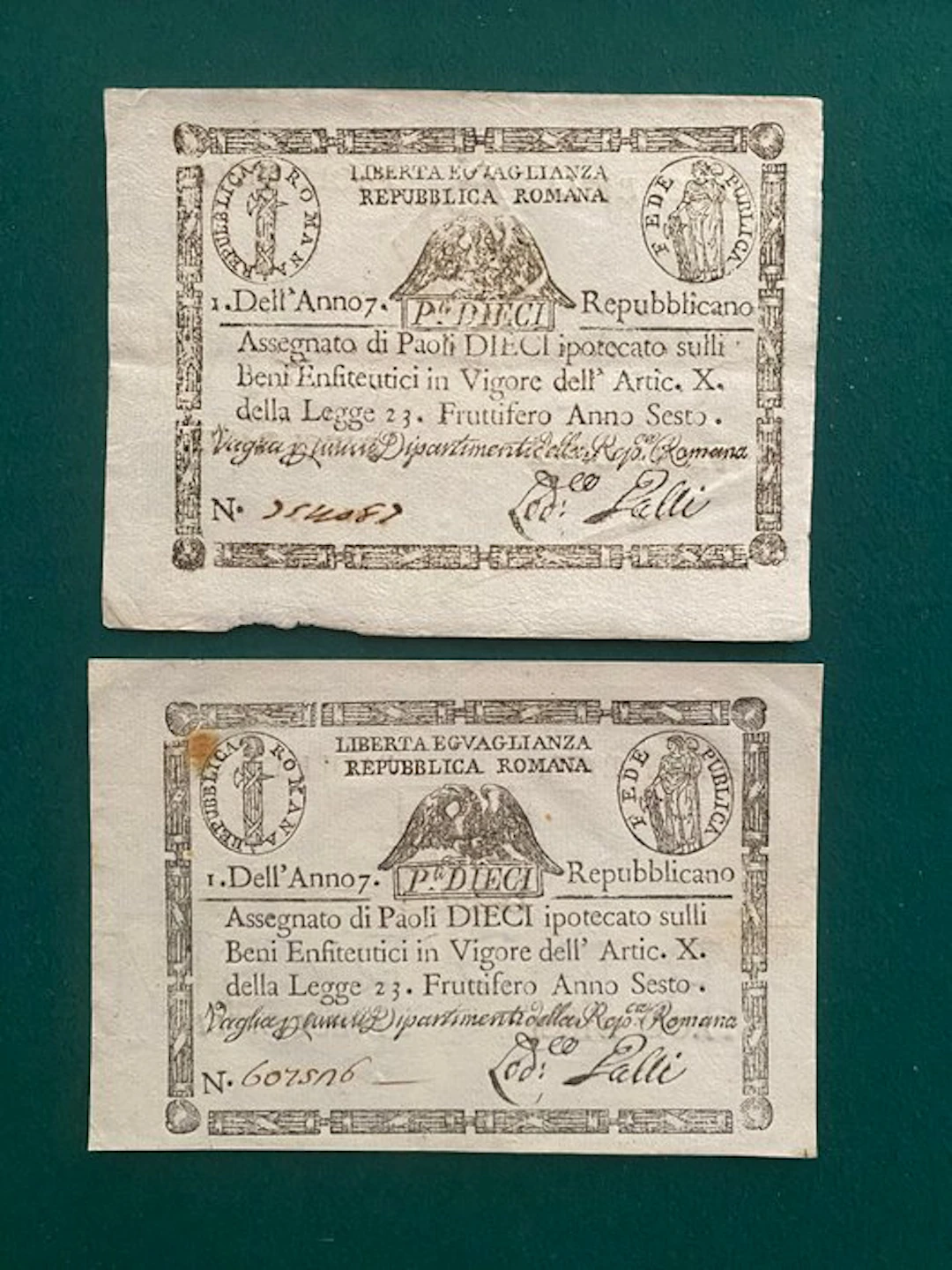 Italy. - 2 x 10 Paoli - 1798 - Anno X - Timbro Rombo/Quadrato (No