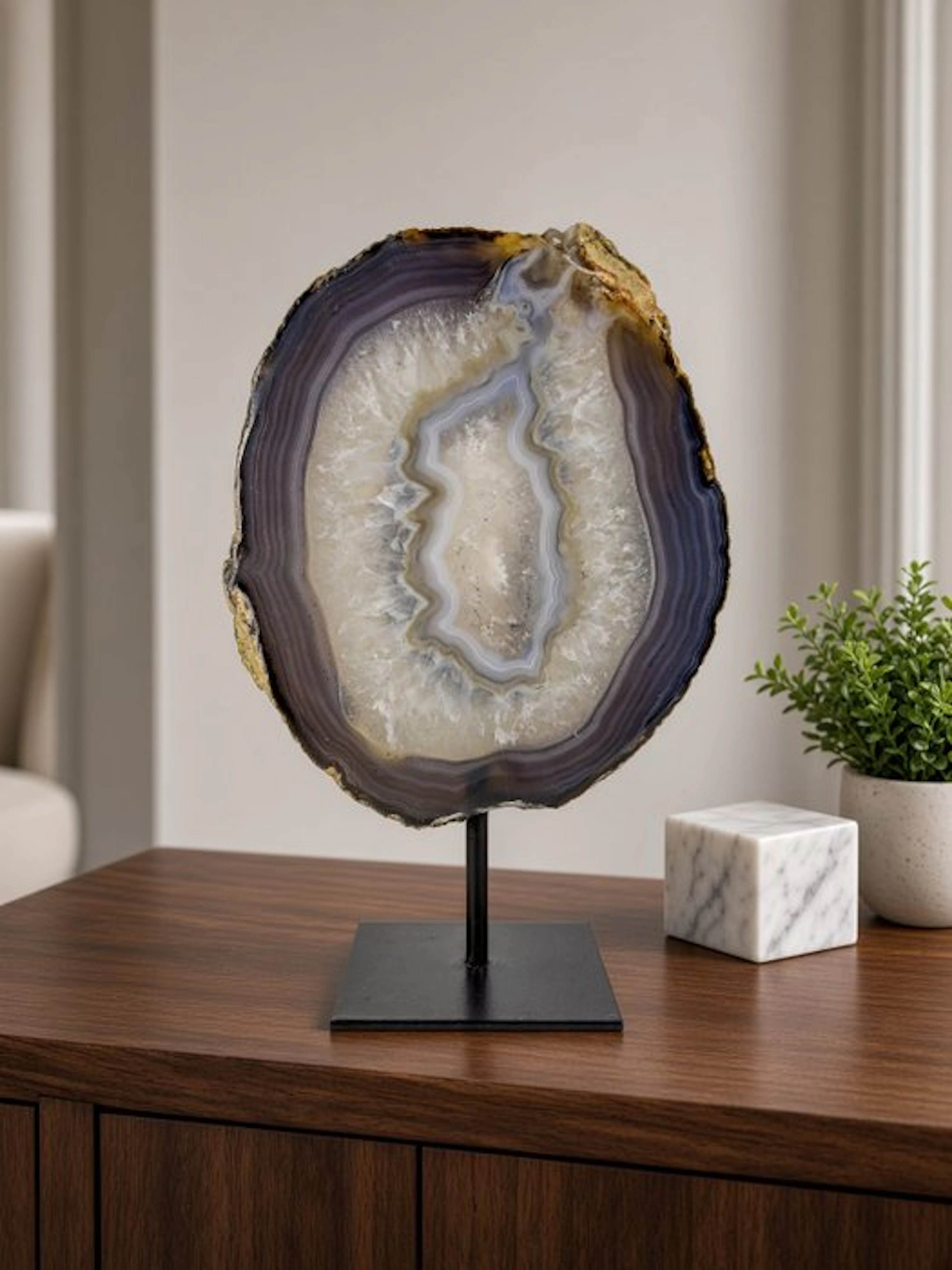 Very rare natural agate with crystal portal geode on...