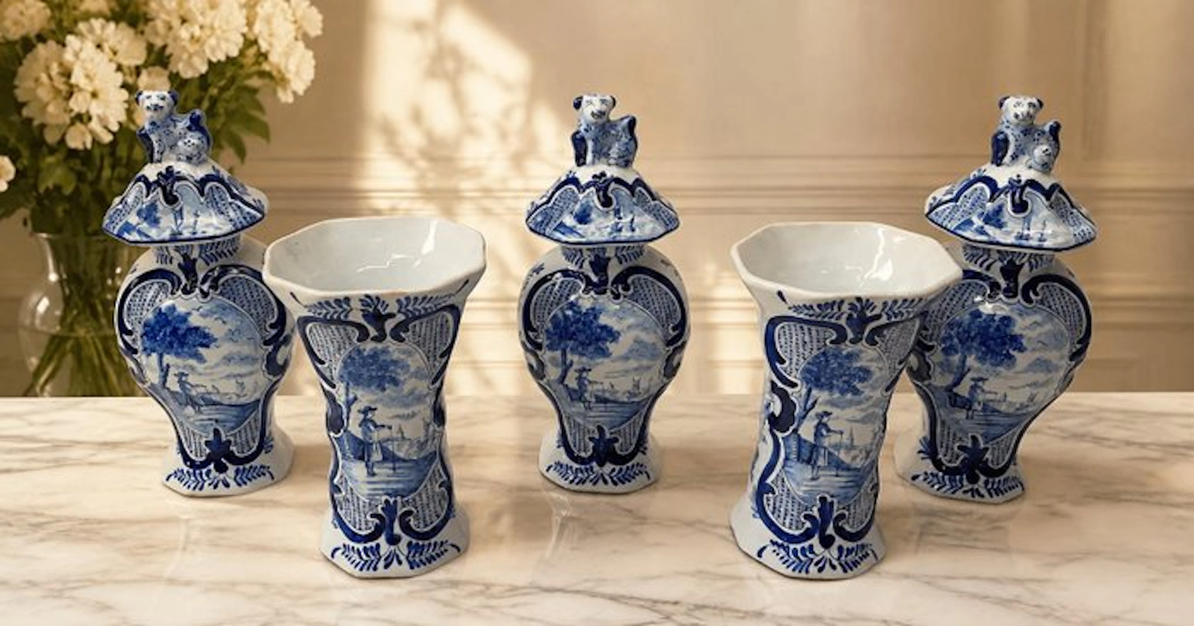 Antiek Delfts blauw vijfdelig kaststel – 19e eeuw - Vase - Earthenware