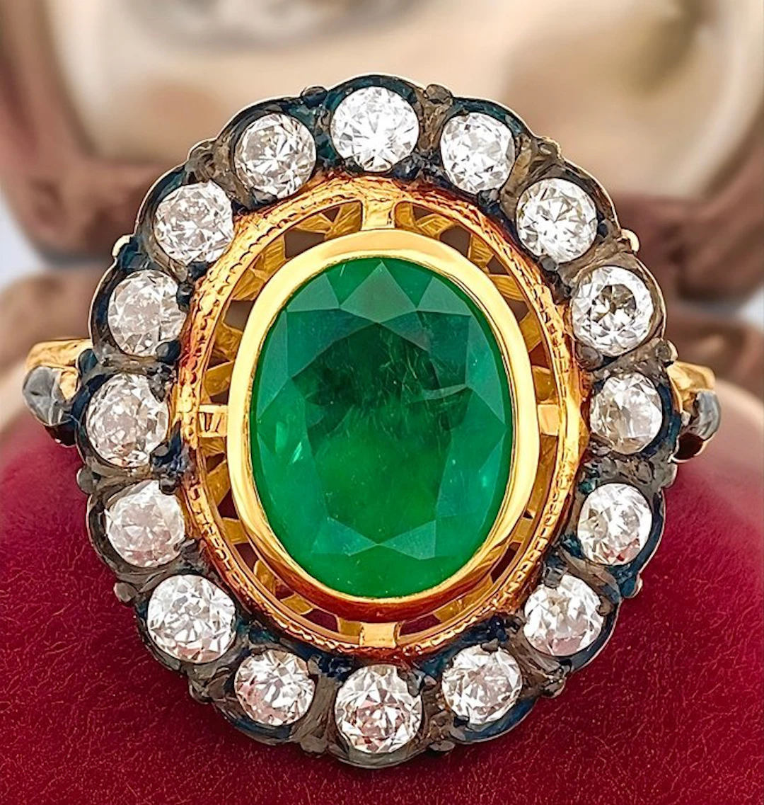 Ring - 18 kt. Yellow gold, Silver Emerald - Diamond