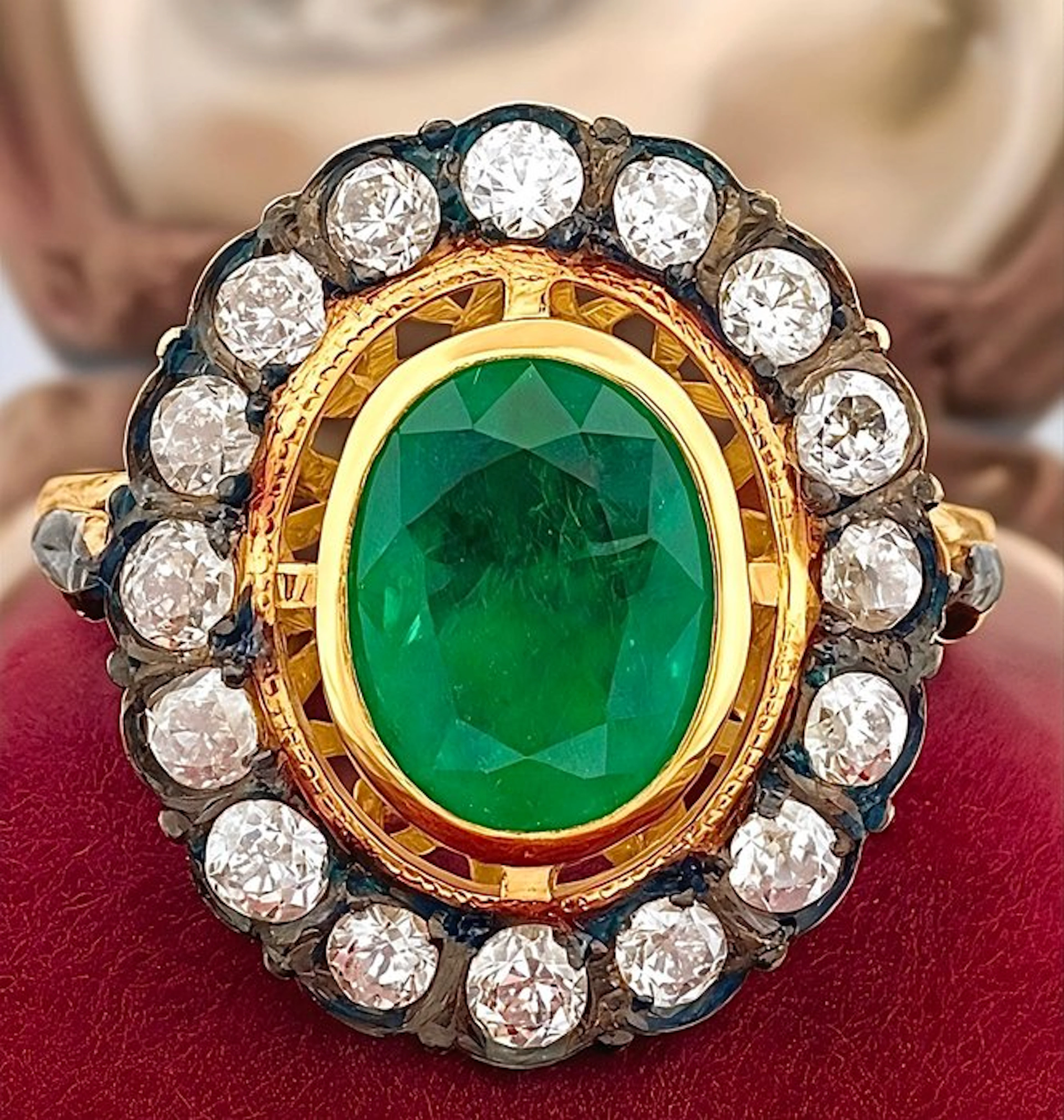 Ring - 18 kt. Yellow gold, Silver Emerald - Diamond