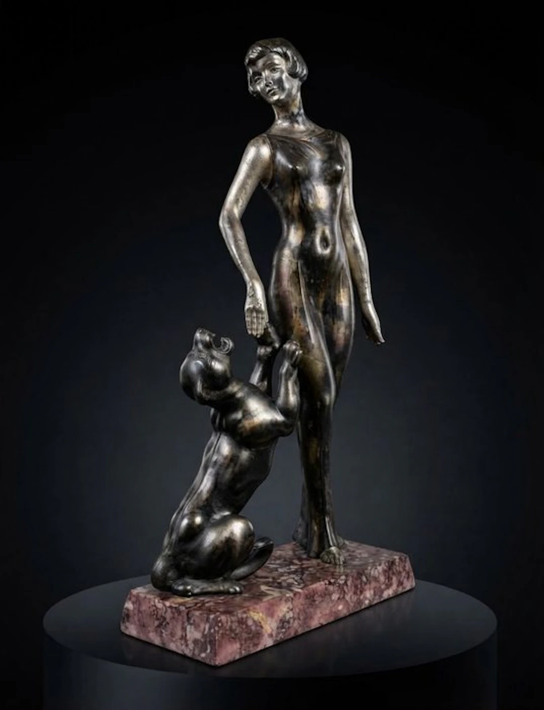 Jacques Limousin - Sculpture, Femme élégante au fauve - 45 cm - Spelter - 1930
