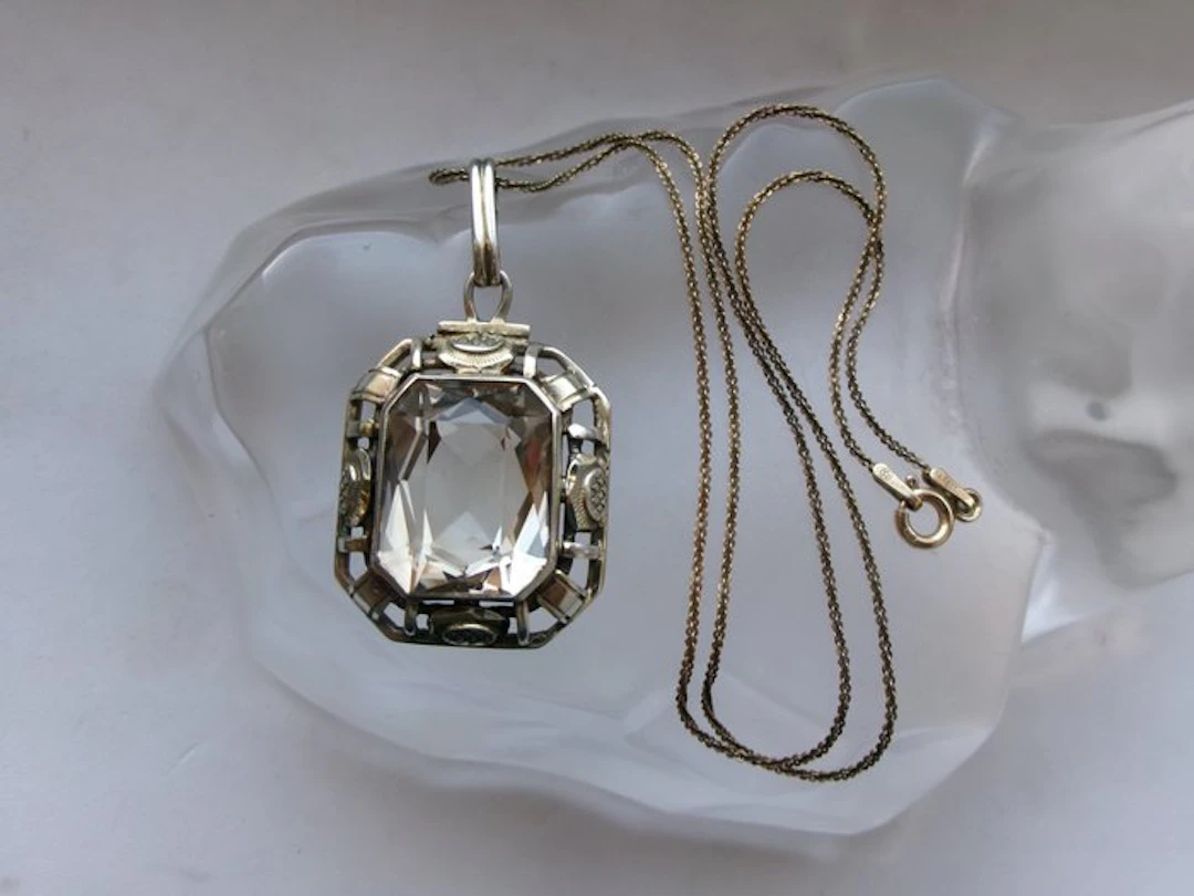 Silver, Citrine - Necklace with pendant - Art Deco