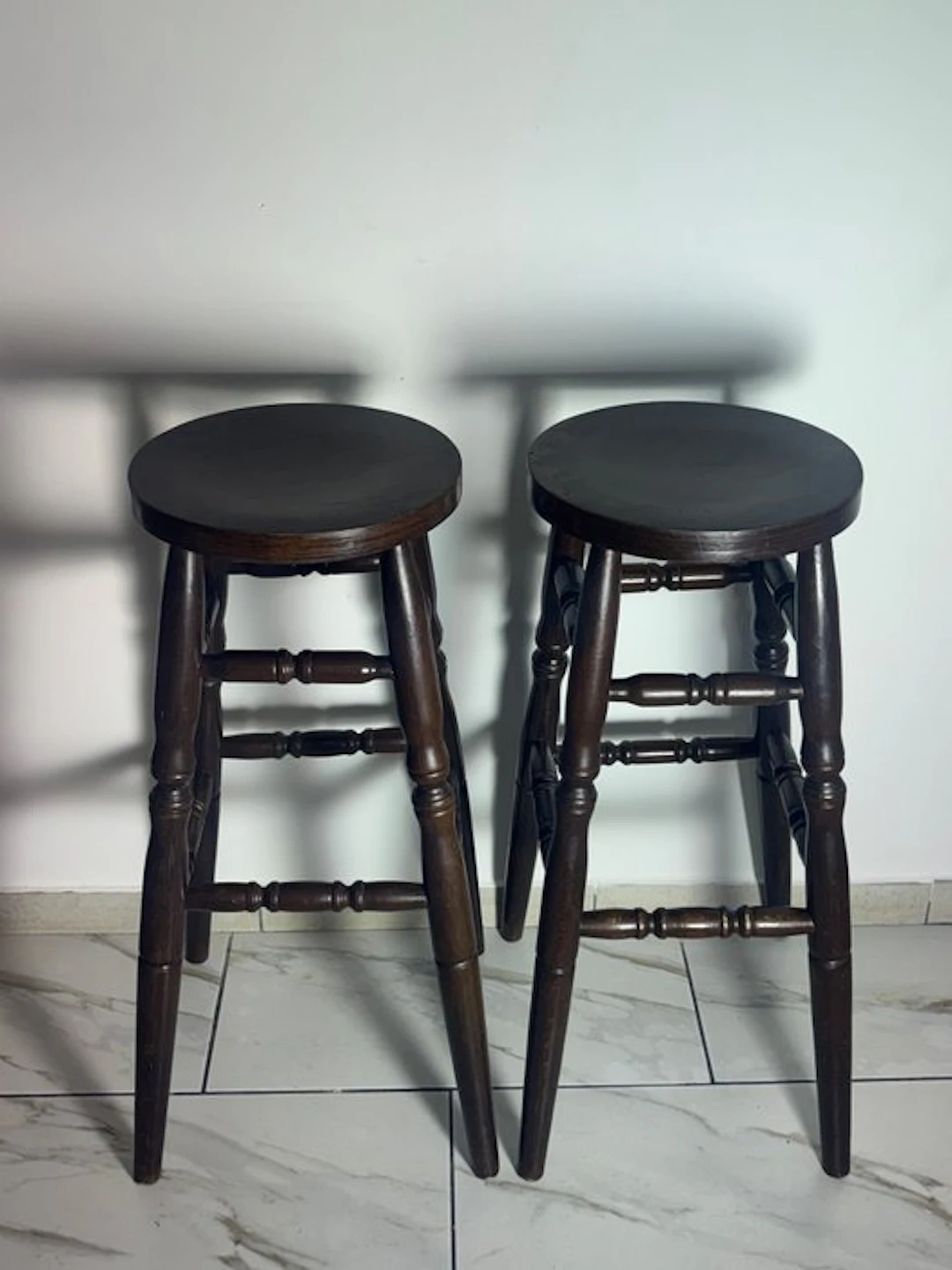 Stool (2) - Pair of vintage solid wood turned high bar...