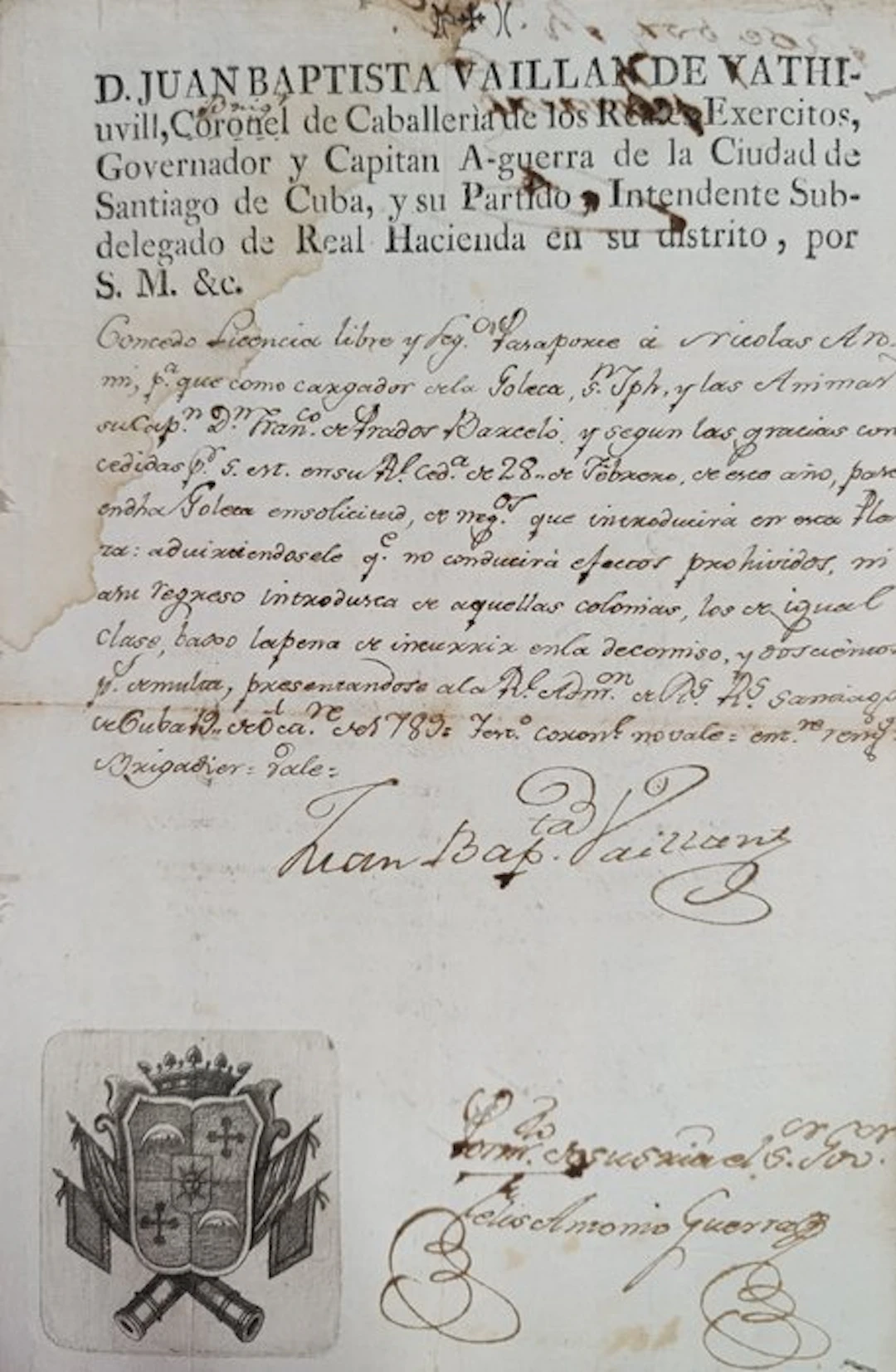Jean Baptiste Vaillan - 1789 Pasaporte Isla de Cub* - 1789