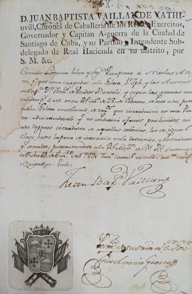 Jean Baptiste Vaillan - 1789 Pasaporte Isla de Cub* - 1789