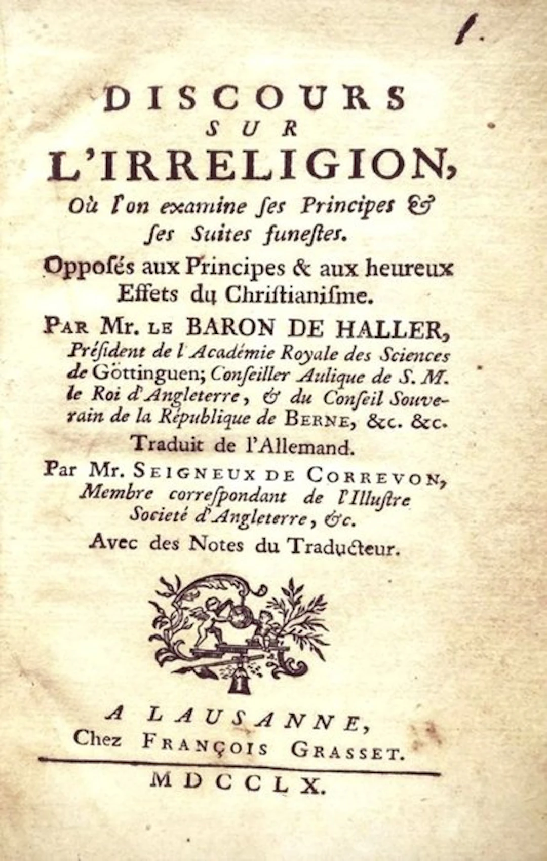 Von Haller Albrecht. - Discours sur l'Irreligion - 1760