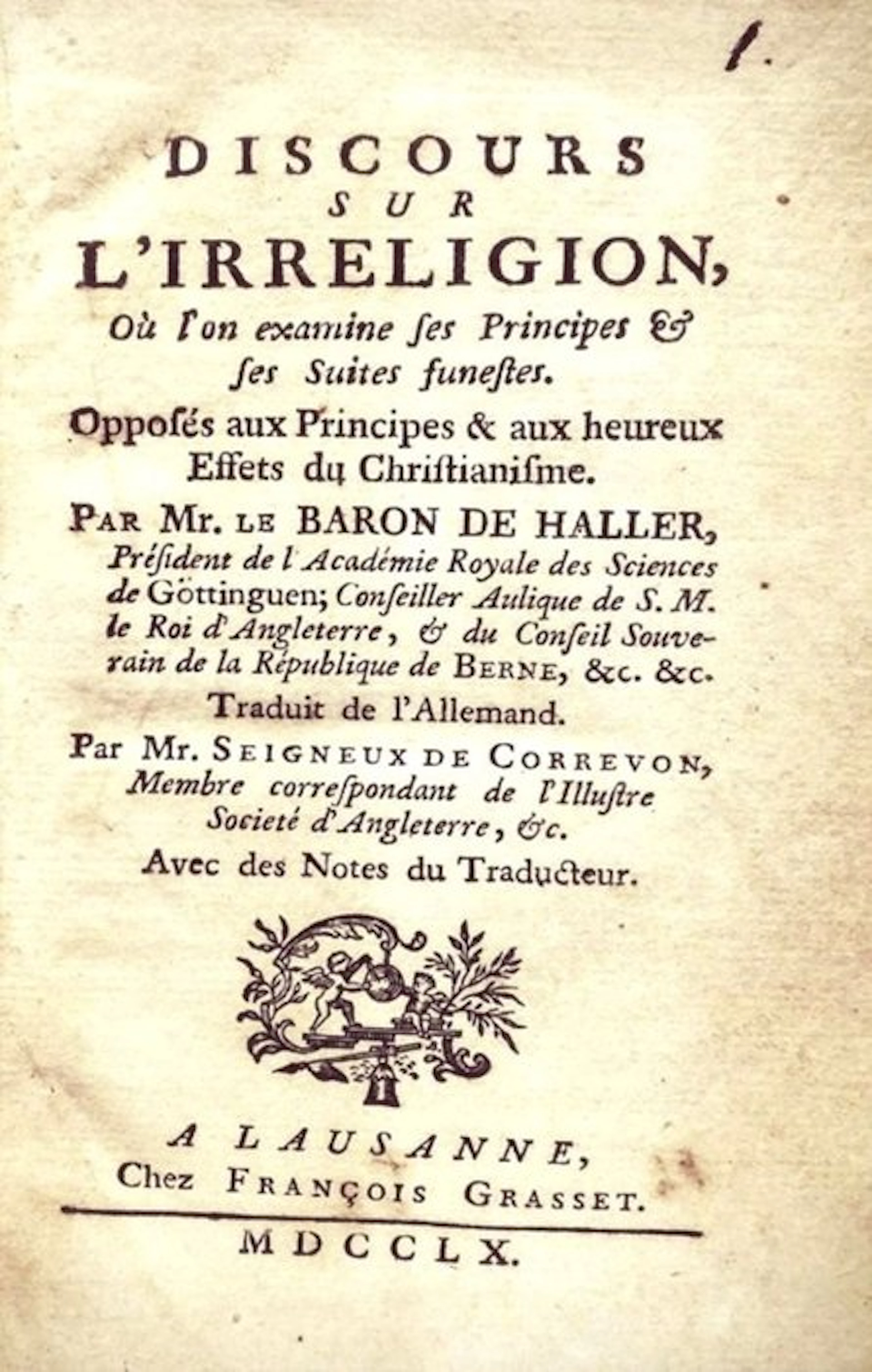 Von Haller Albrecht. - Discours sur l'Irreligion - 1760
