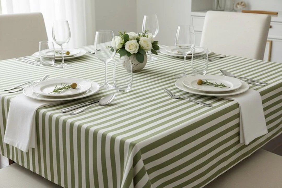 Cotton fabric with sage green and ivory stripes – 3.00 x...