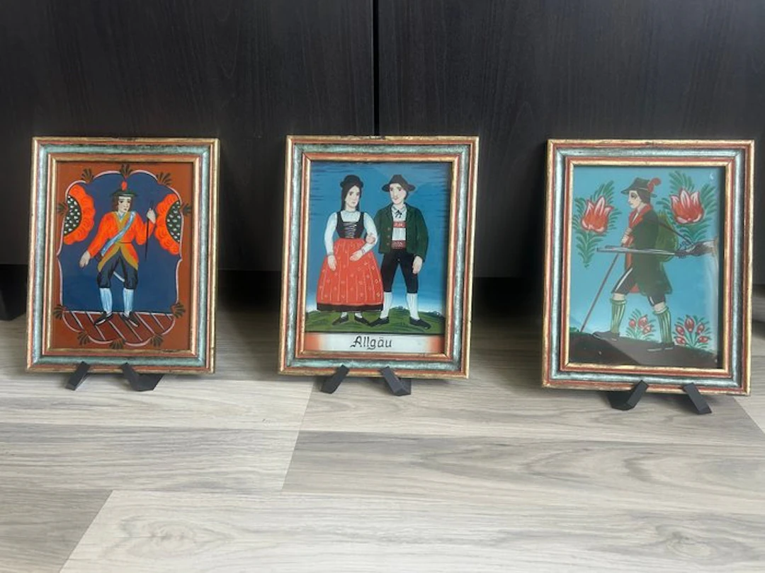 Picture frame (3)- Folk art - Glass, Wood, Paint - Reverse glass painting