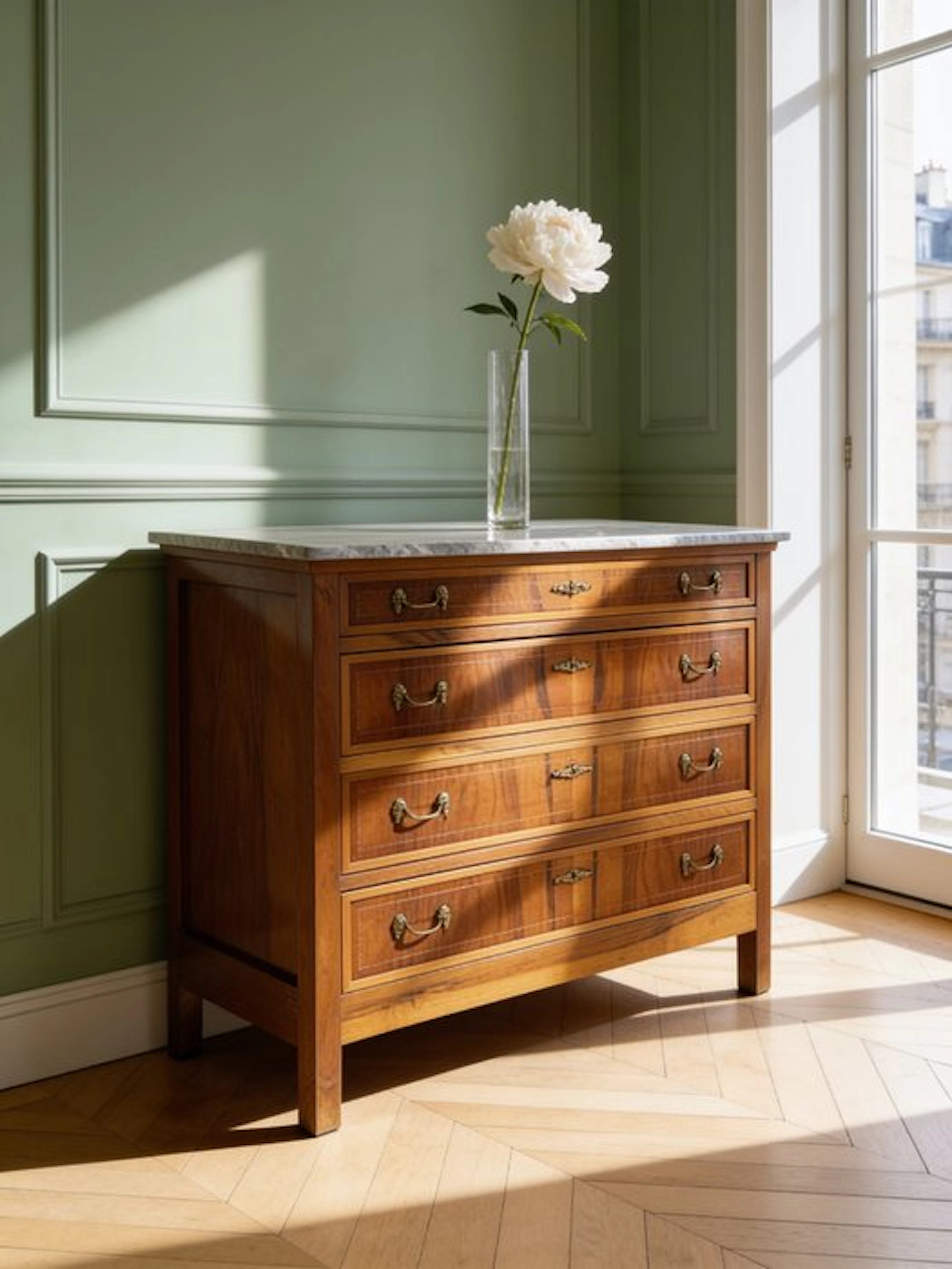 Chest of drawers - Wood, Brass, Marble, Walnut
