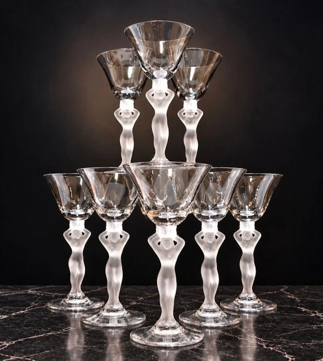 Bayel - Drinking service - Venus - Cristal Bayel - 9 signed stemmed glasses.