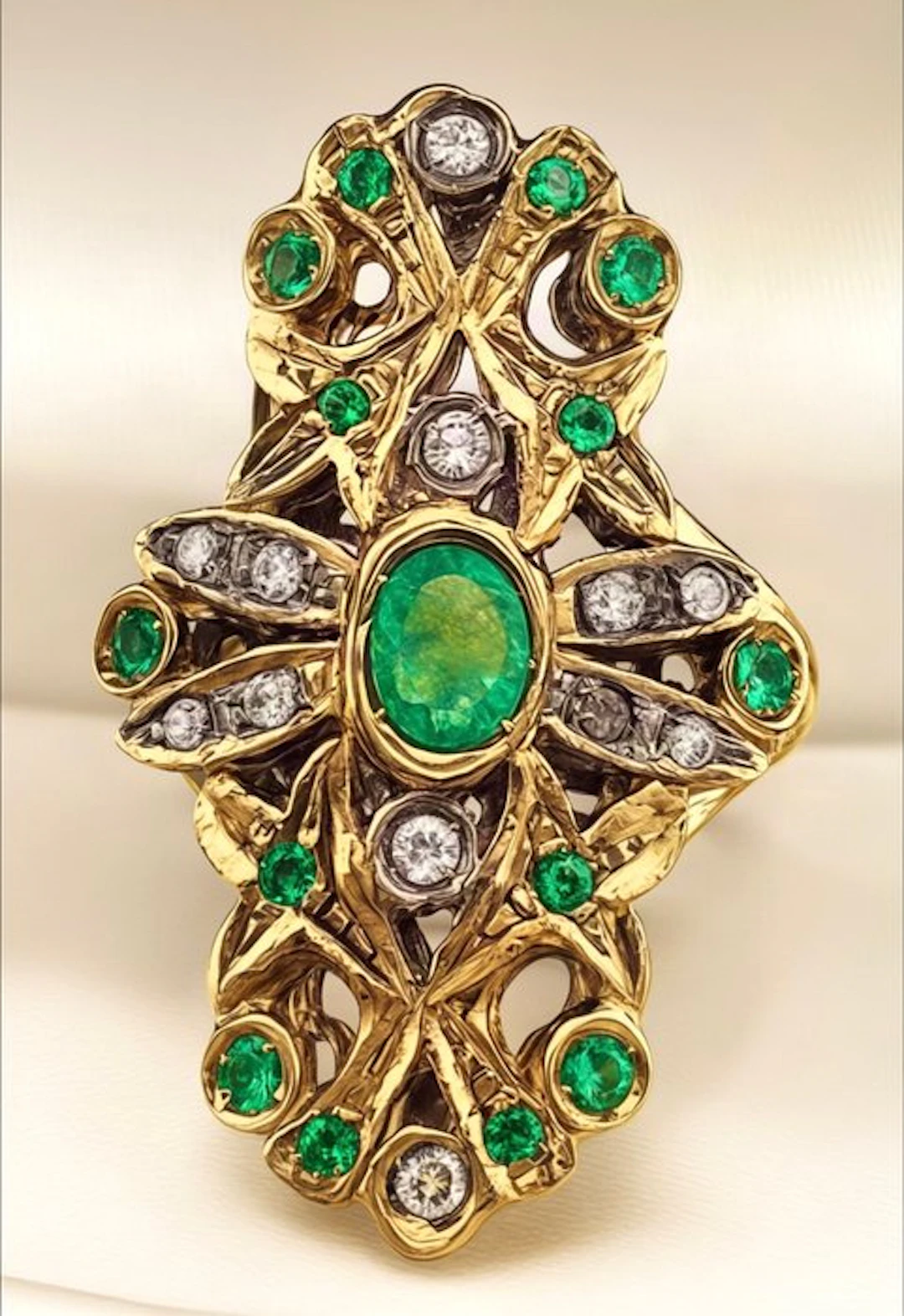 No reserve price - Ring - 9 kt. Yellow gold, Silver Emerald - Diamond