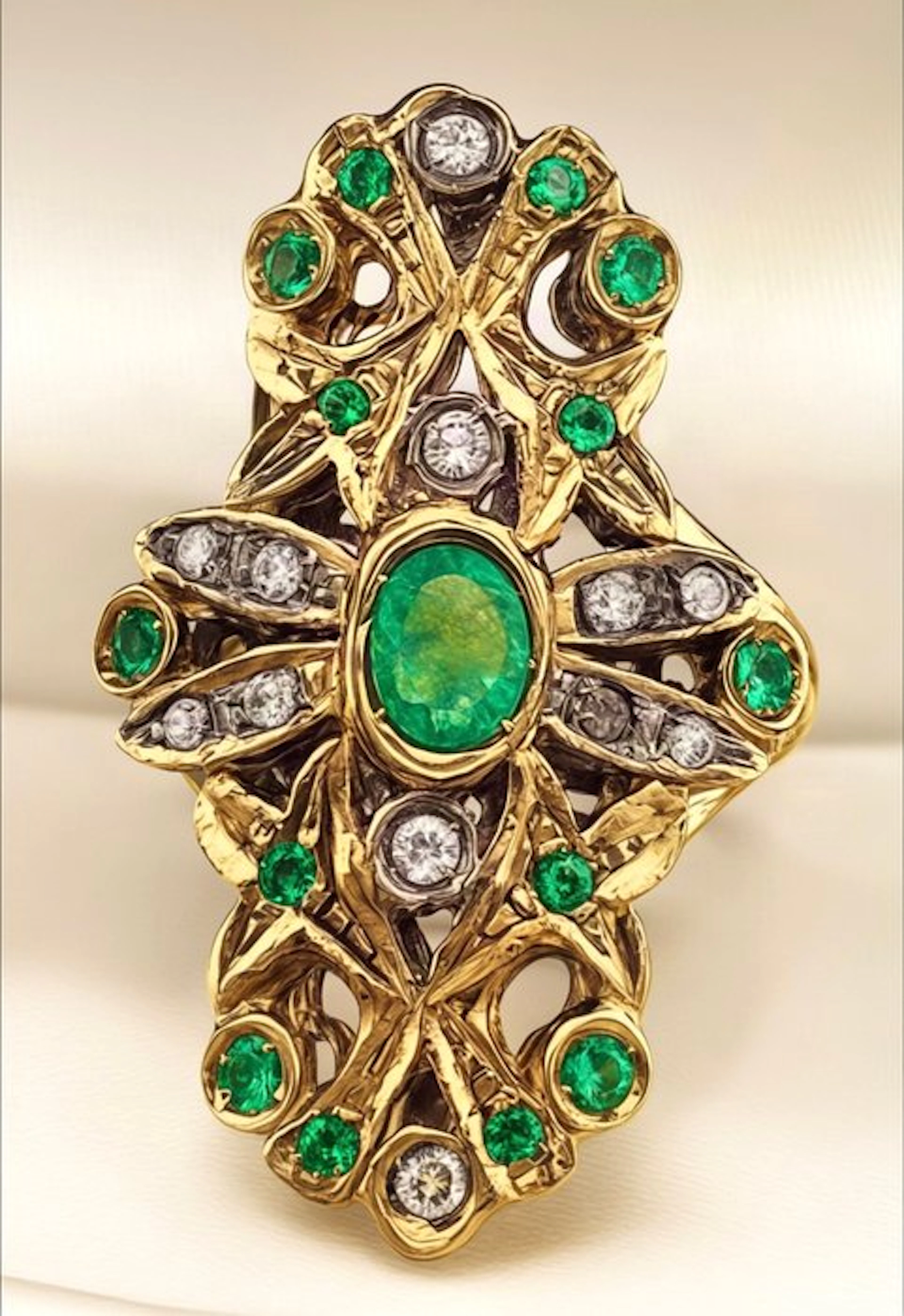 No reserve price - Ring - 9 kt. Yellow gold, Silver Emerald - Diamond